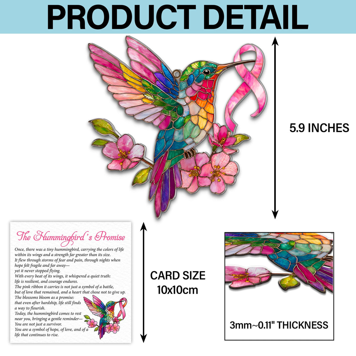Breast Cancer Hummingbird Ribbon Acrylic Suncatcher & Card QFTD6020101