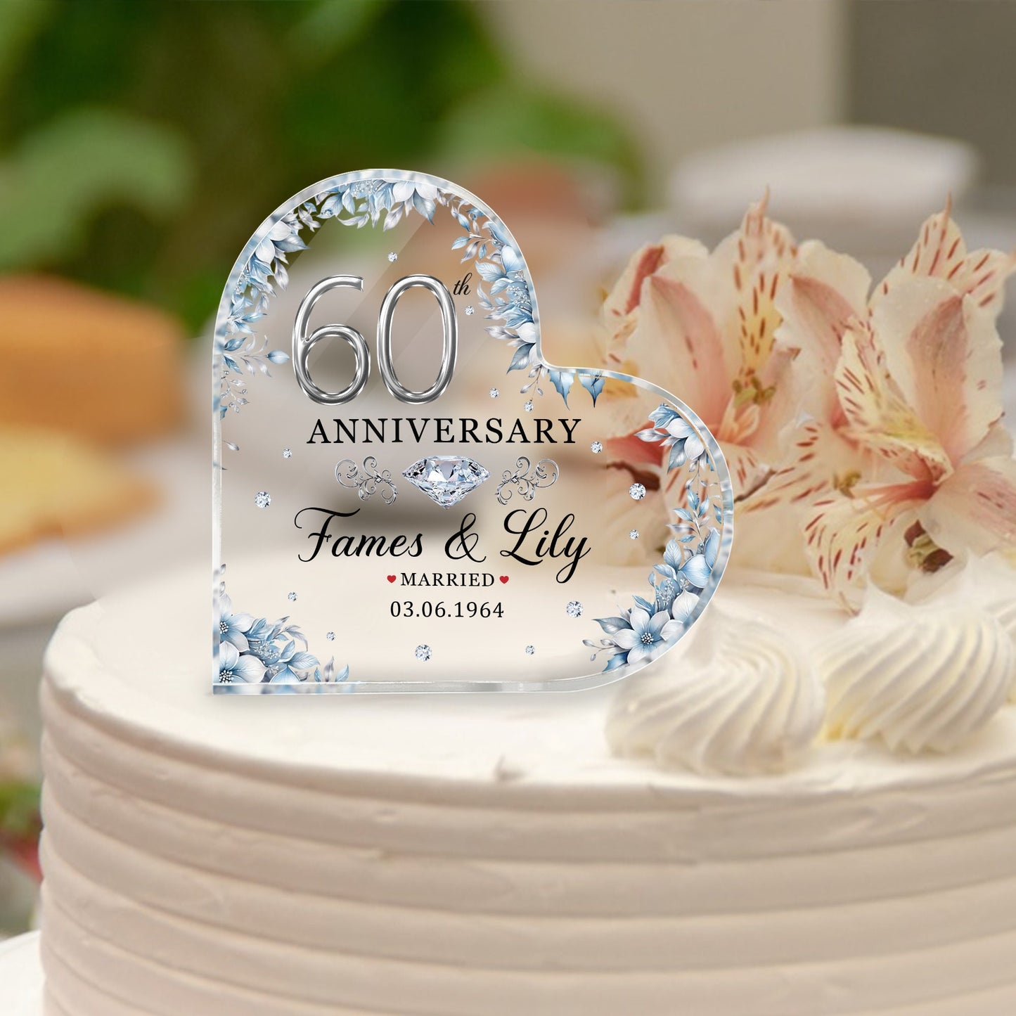 Personalized 60th Wedding Anniversary Cake Topper Heart Acrylic Plaque, Diamond Anniversary Gifts, Anniversary Gifts For Parents