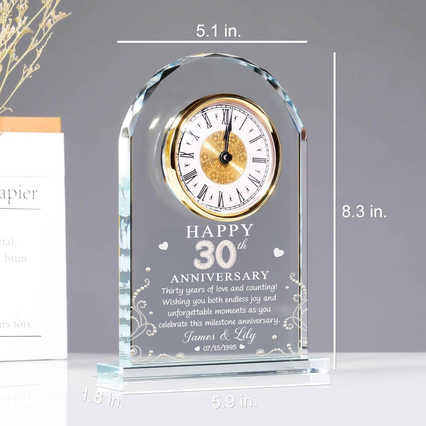 Custom 30th Pearl Anniversary Wedding Gift, 30 Years of Marriage Acrylic Desk Table Clock, 30th Wedding for Couple, Parents, Grandparents