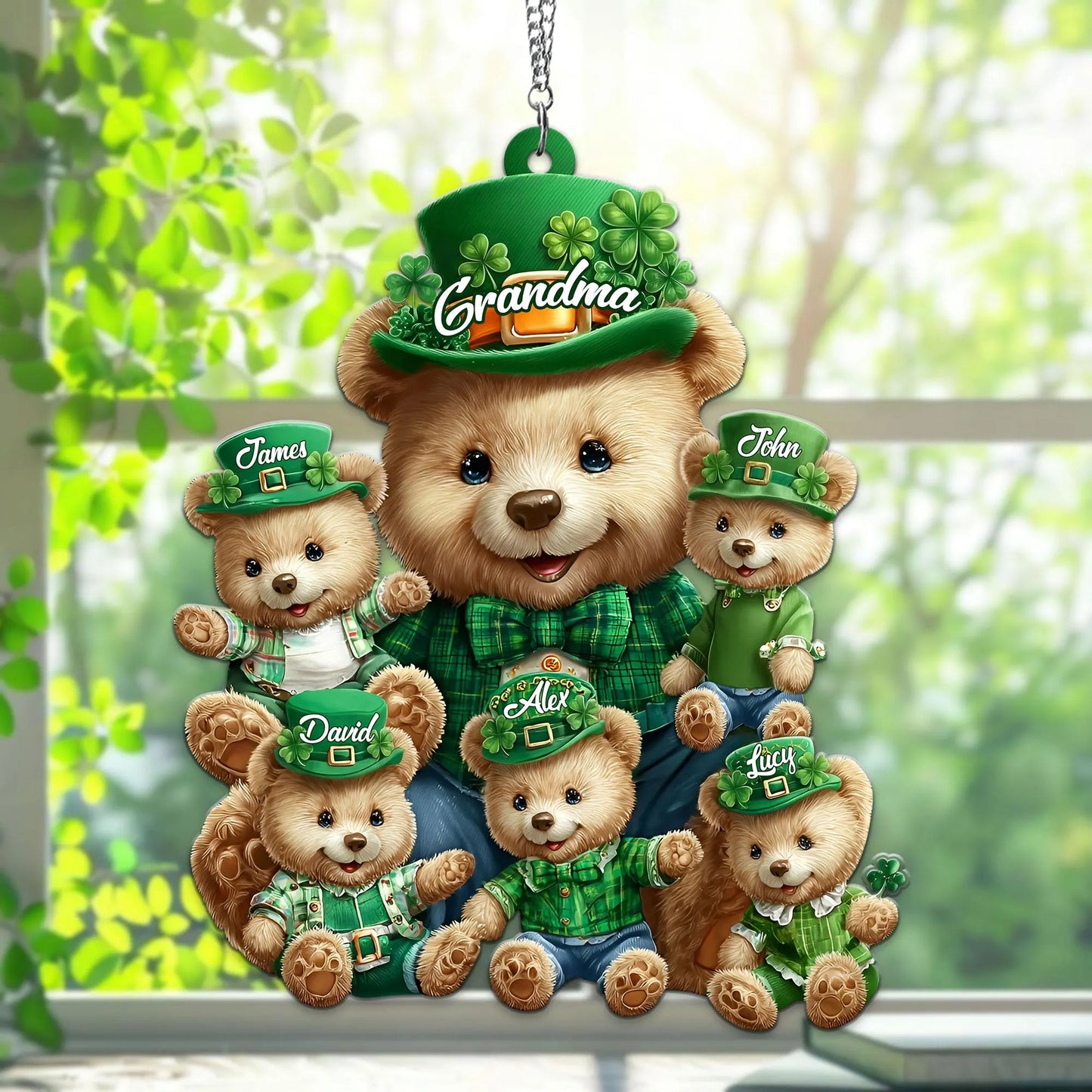 Personalized Grandma and Grandkids Acrylic Window Hanging, Cute Bear Family St Patrick’s Day Ornament, Custom Name Shamrock Gift for Grandma