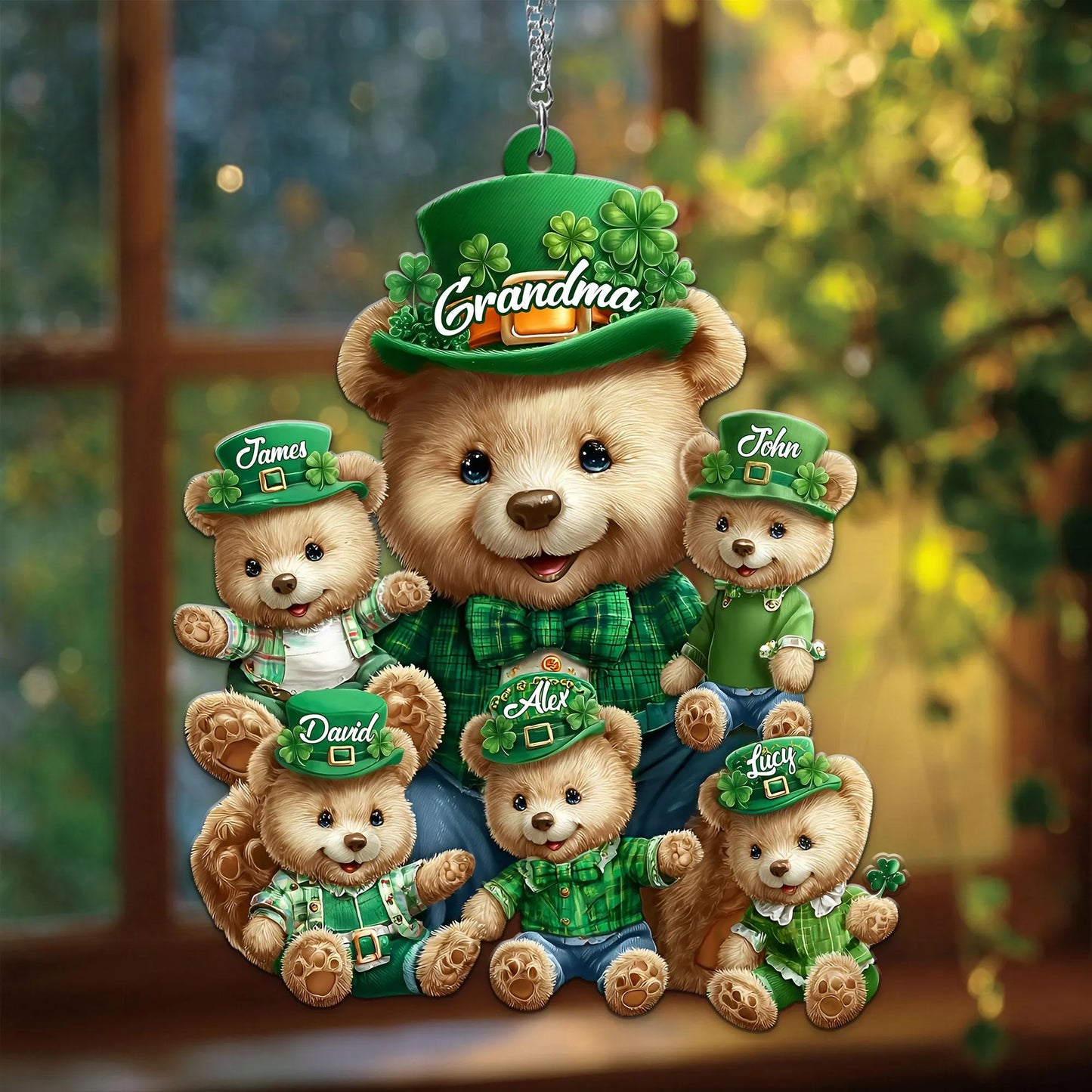 Personalized Grandma and Grandkids Acrylic Window Hanging, Cute Bear Family St Patrick’s Day Ornament, Custom Name Shamrock Gift for Grandma
