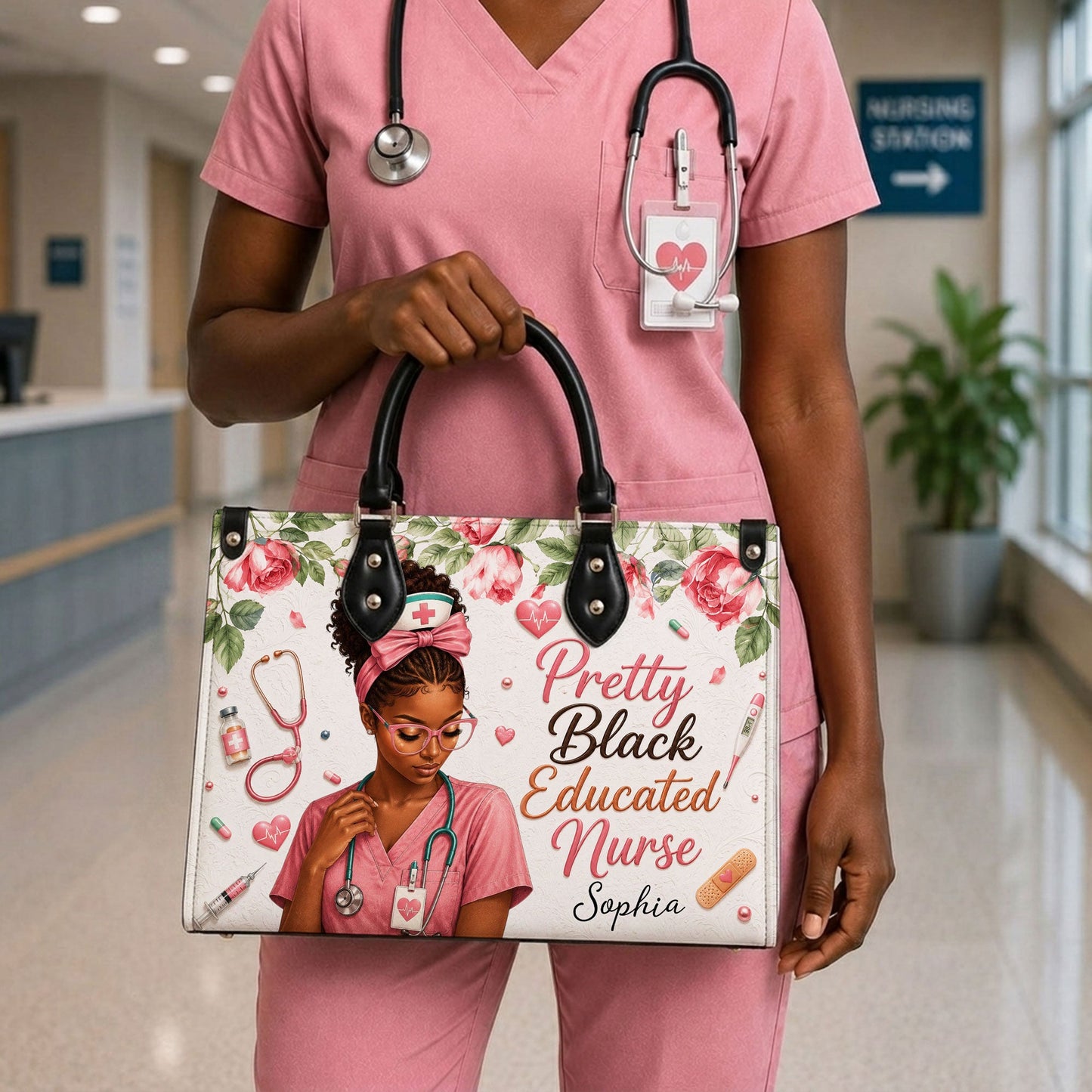 Personalized Nurse Black Women Leather Handbag UKND6040605