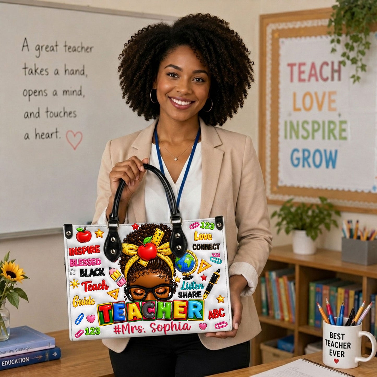 Personalized Teacher Black Women Leather Handbag UKND6080603