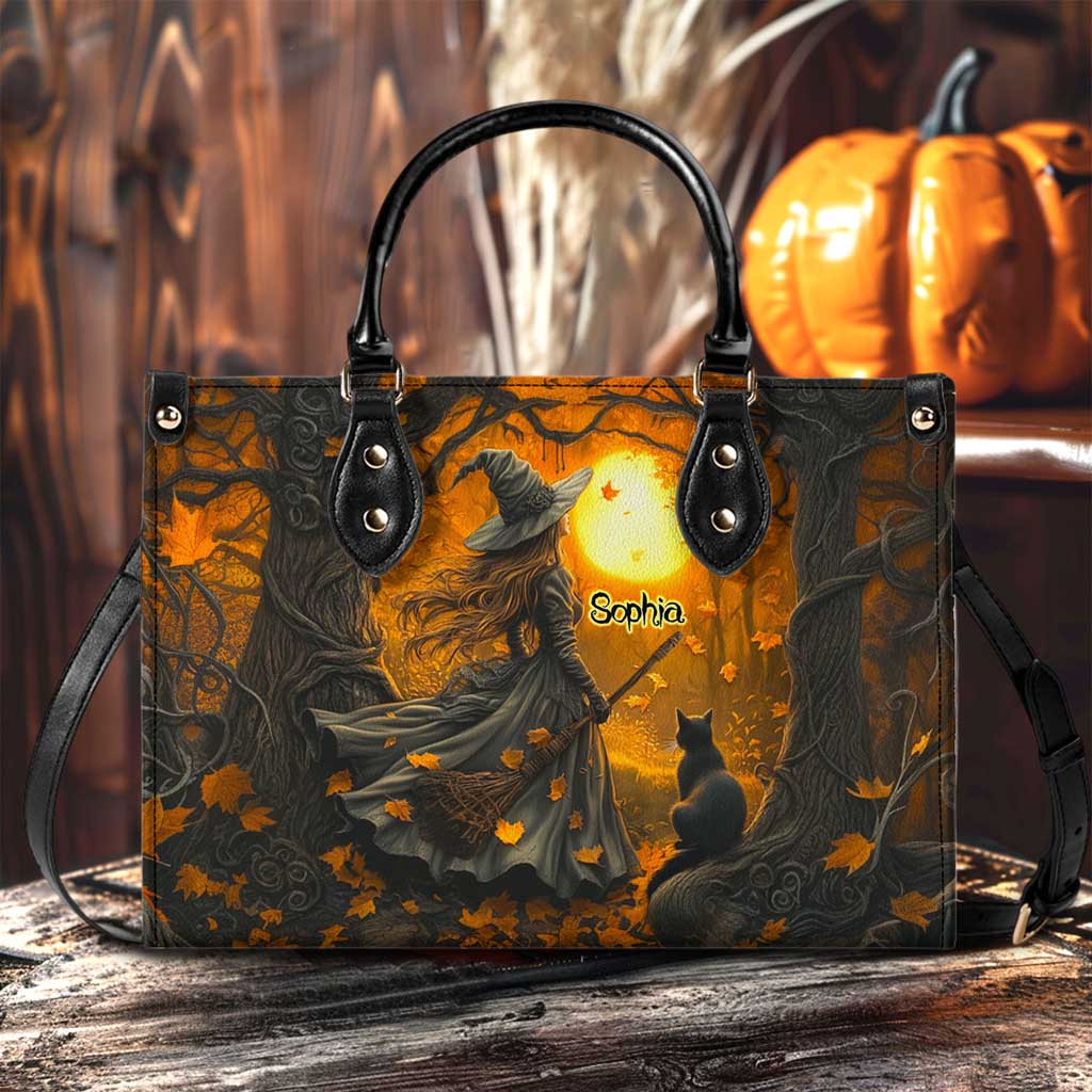 Personalized Halloween Witch And Black Cat Art Print Leather Handbag With Handle QFTD5040704