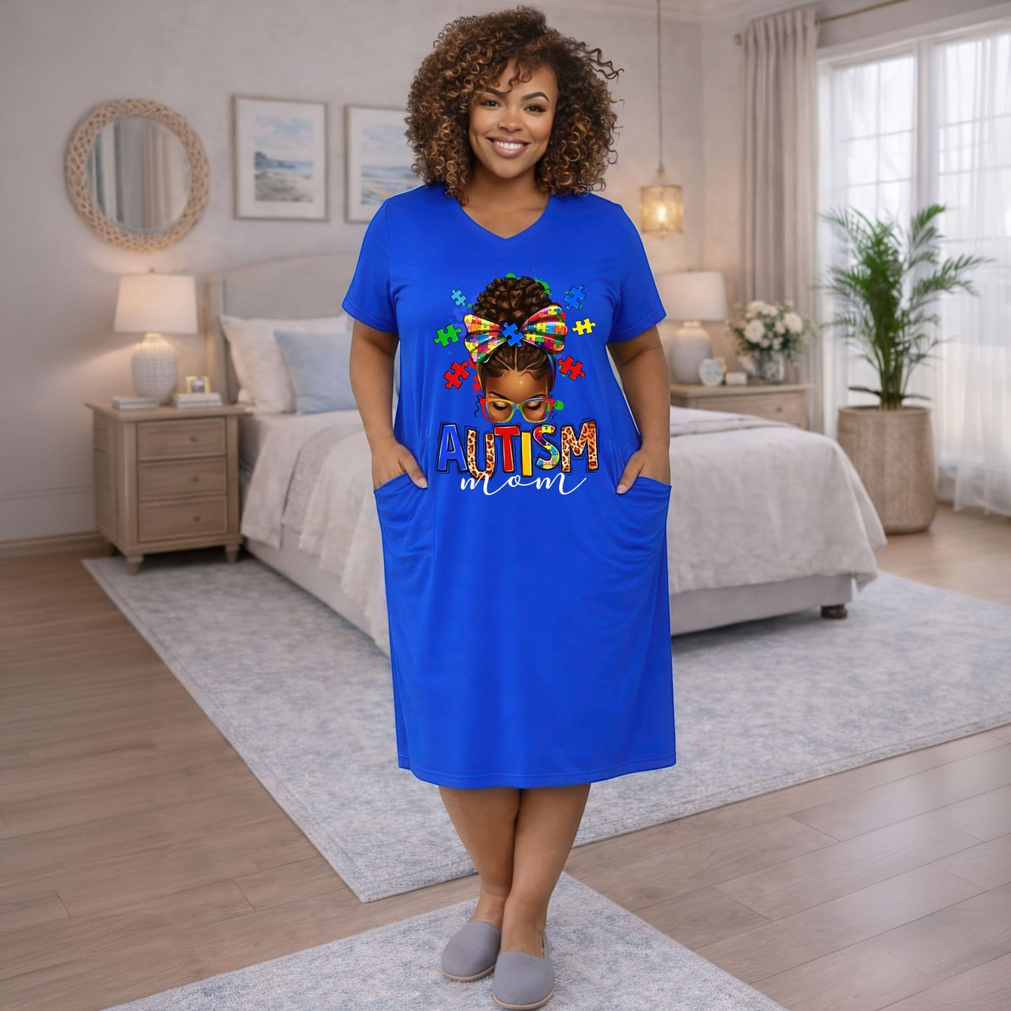 Custom Afro Messy Autism Mom Women's Short Sleeve Dress, Autism Mom Gift UKTD6140302