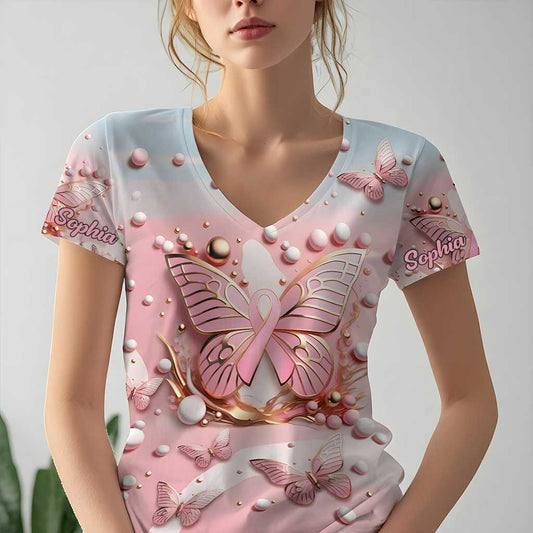 Personalized Breast Cancer Awareness V Neck Shirt QFTZ5130904