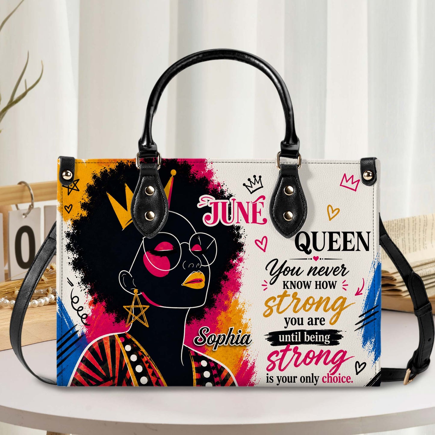 Personalized Birth Month Queen PU Leather Handbag for Black Women QFHA6050602