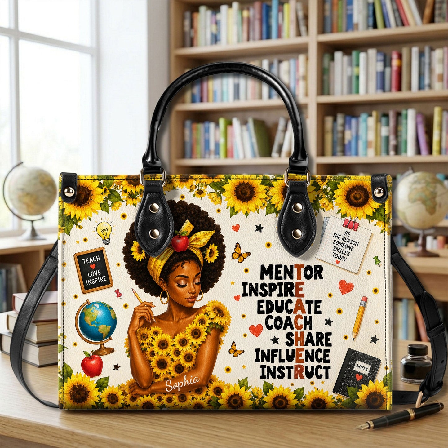 Personalized Teacher Black Women Leather Handbag UKND6030603