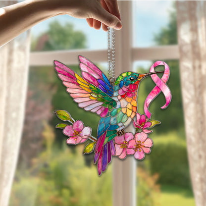 Breast Cancer Hummingbird Ribbon Acrylic Suncatcher & Card QFTD6020101