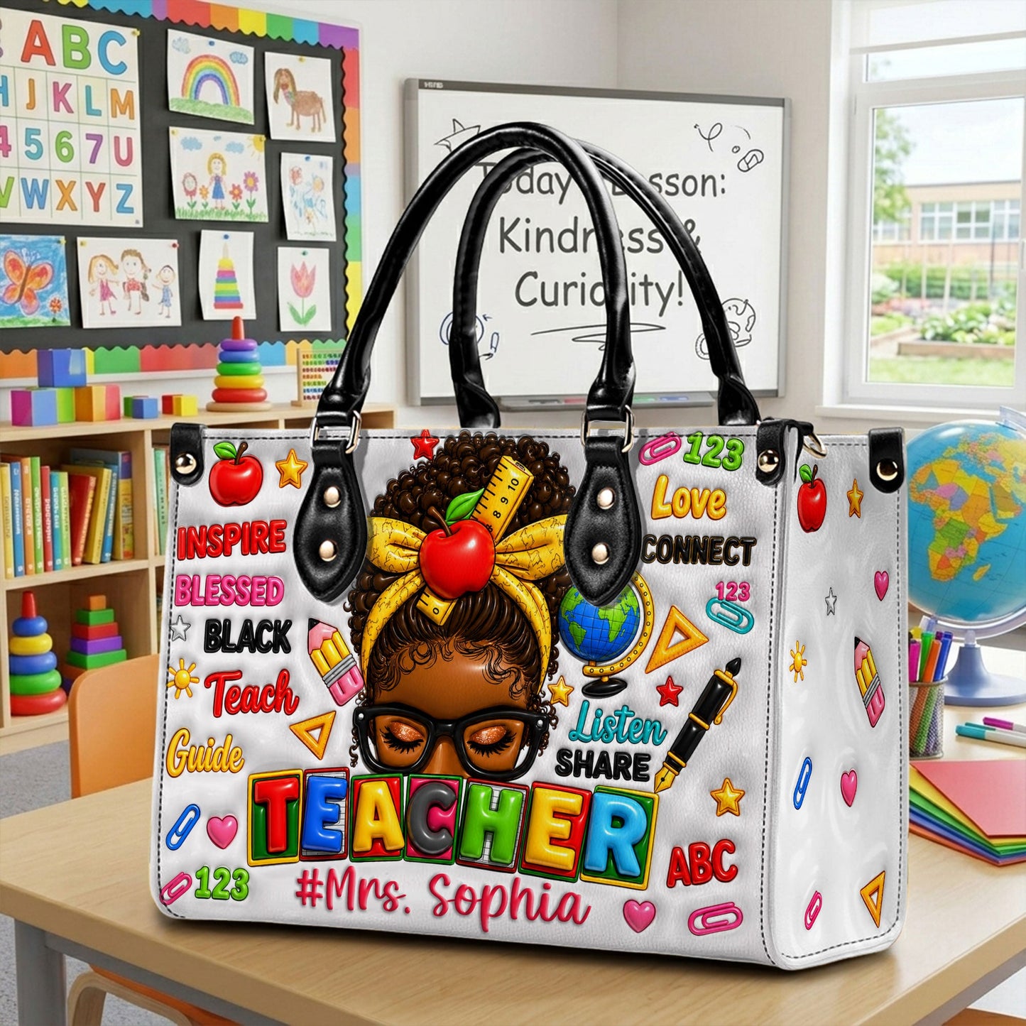 Personalized Teacher Black Women Leather Handbag UKND6080603