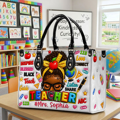Personalized Teacher Black Women Leather Handbag UKND6080603