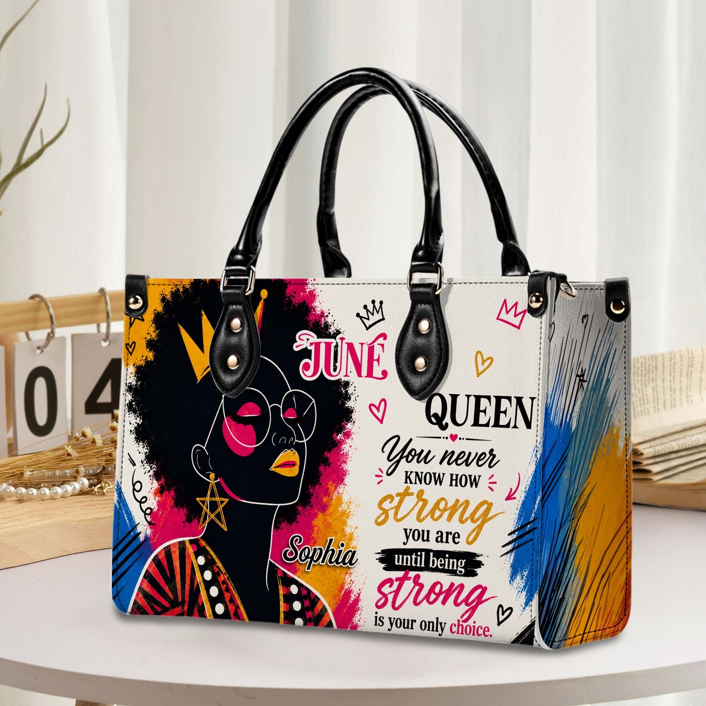 Personalized Birth Month Queen PU Leather Handbag for Black Women QFHA6050602