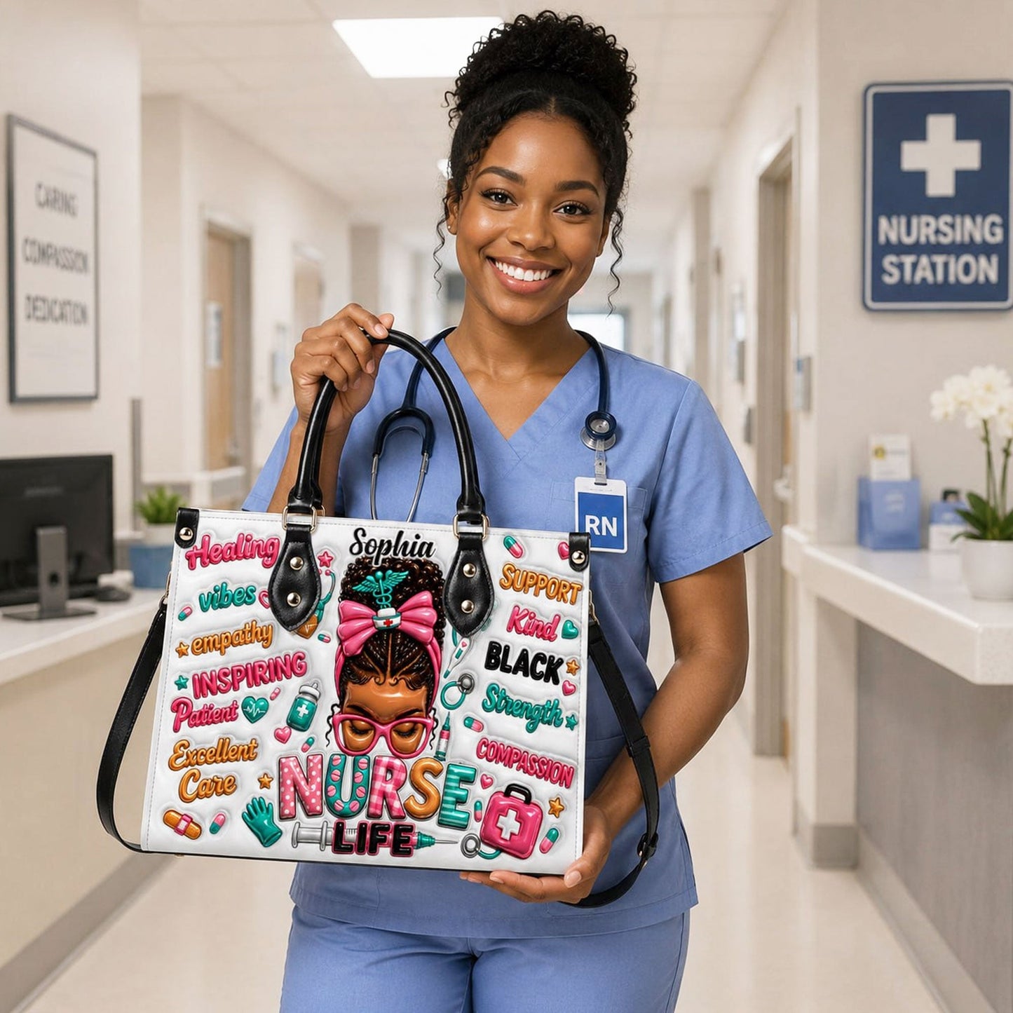 Personalized Nurse Black Women Leather Handbag UKND6050603