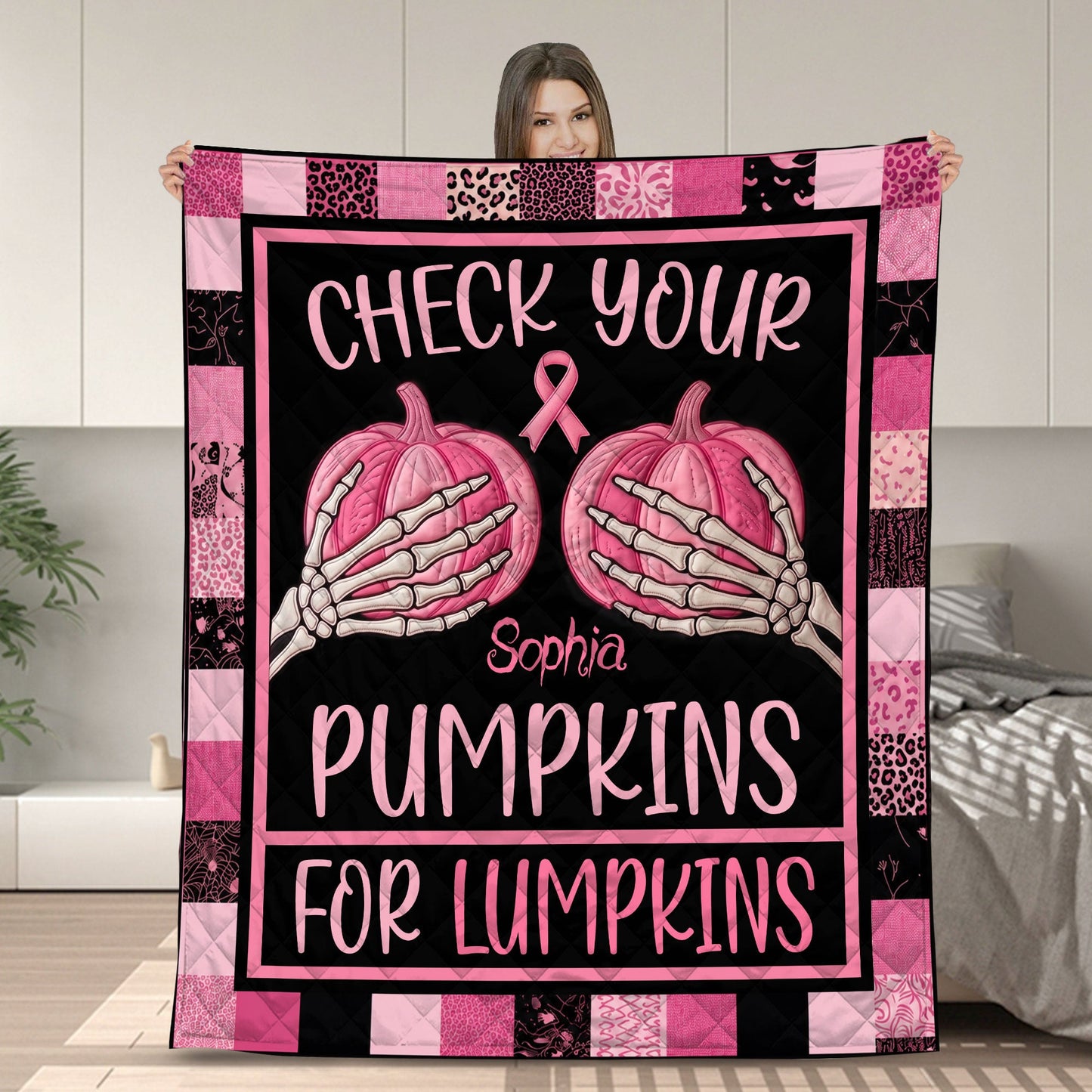 Custom Check Your Pumpkins Quilt Breast Cancer THTD6170602