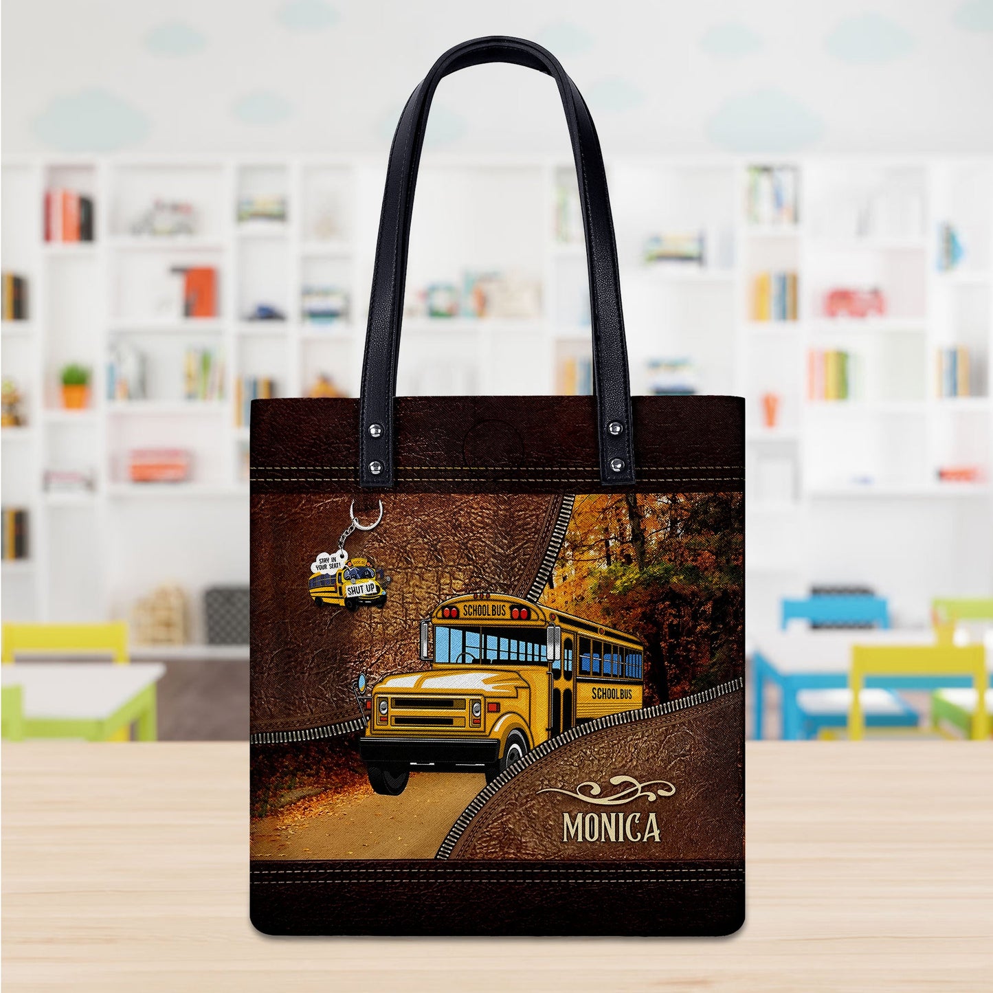 Personalized School Bus Driver PU Leather Tote Bag With Name QFTO4150702