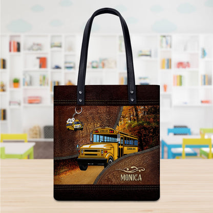 Personalized School Bus Driver PU Leather Tote Bag With Name QFTO4150702