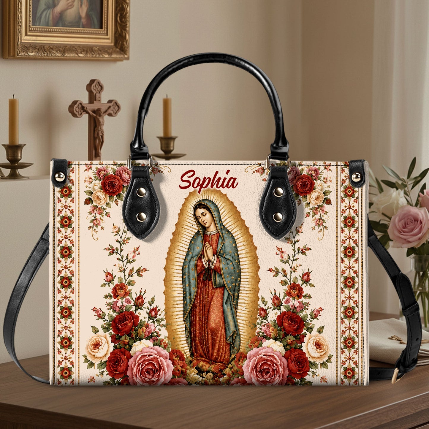 Custom Catholic Virgin Mary And Rose Handbag And Wallet, Our Lady of Guadalupe Gift PMTD6240604