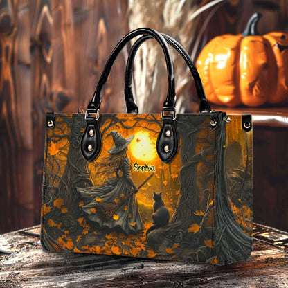 Personalized Halloween Witch And Black Cat Art Print Leather Handbag With Handle QFTD5040704