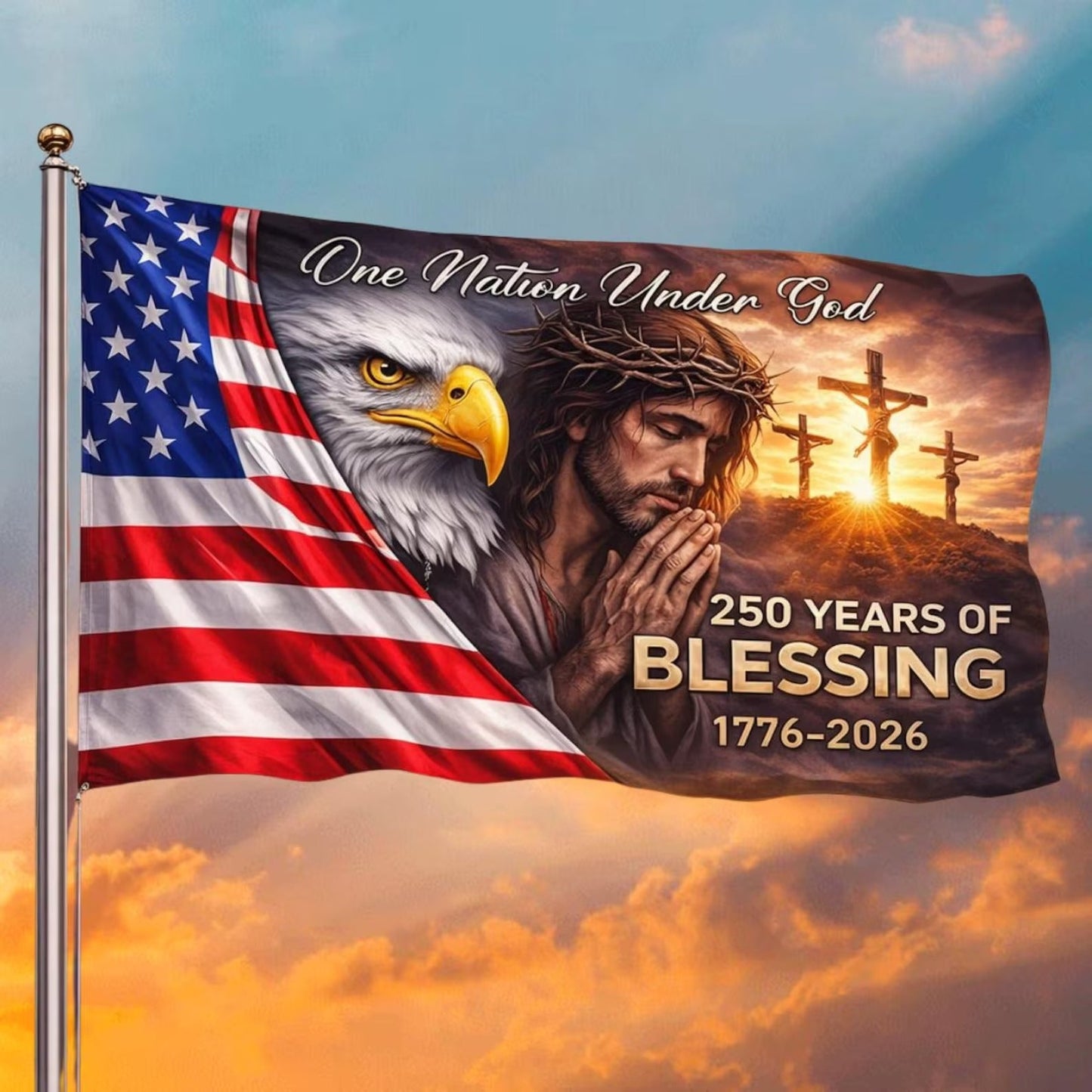 One Nation Under God United States of America 250 Years Flag, Christian Patriotic Eagle House Flag UKTD6160410