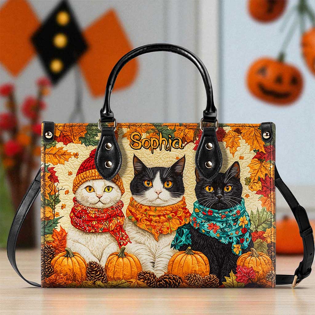 Quilt Fall Cat Leather Handbag Halloween NPND5250802