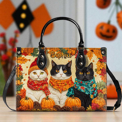 Quilt Fall Cat Leather Handbag Halloween NPND5250802