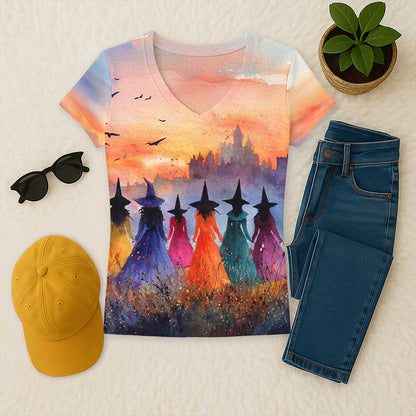 Halloween Vintage Witchy V Neck Shirt QFTZ5090902