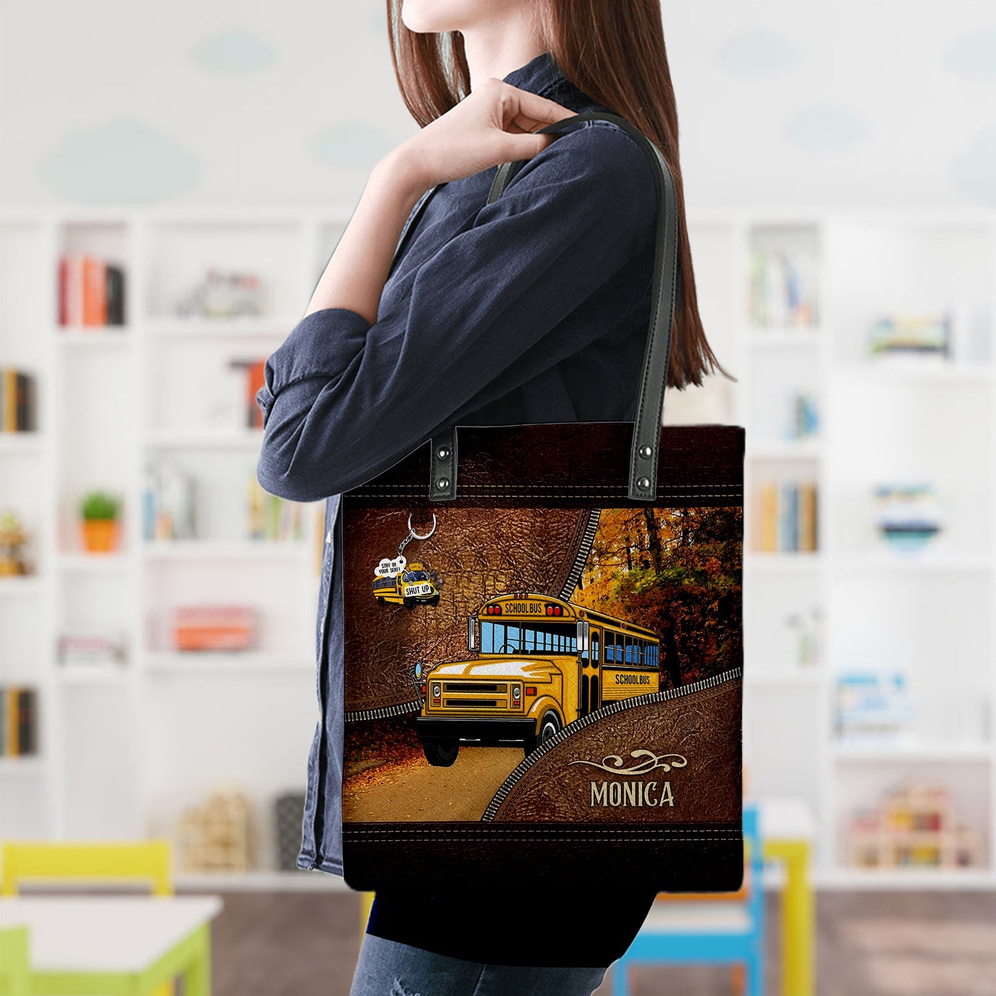 Personalized School Bus Driver PU Leather Tote Bag With Name QFTO4150702