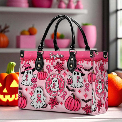 Personalized Spooky Vibe Breast Cancer Print 3D Inflated Leather PU Handbag UKND5270802