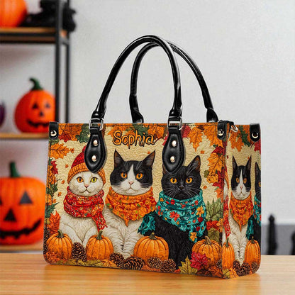 Quilt Fall Cat Leather Handbag Halloween NPND5250802