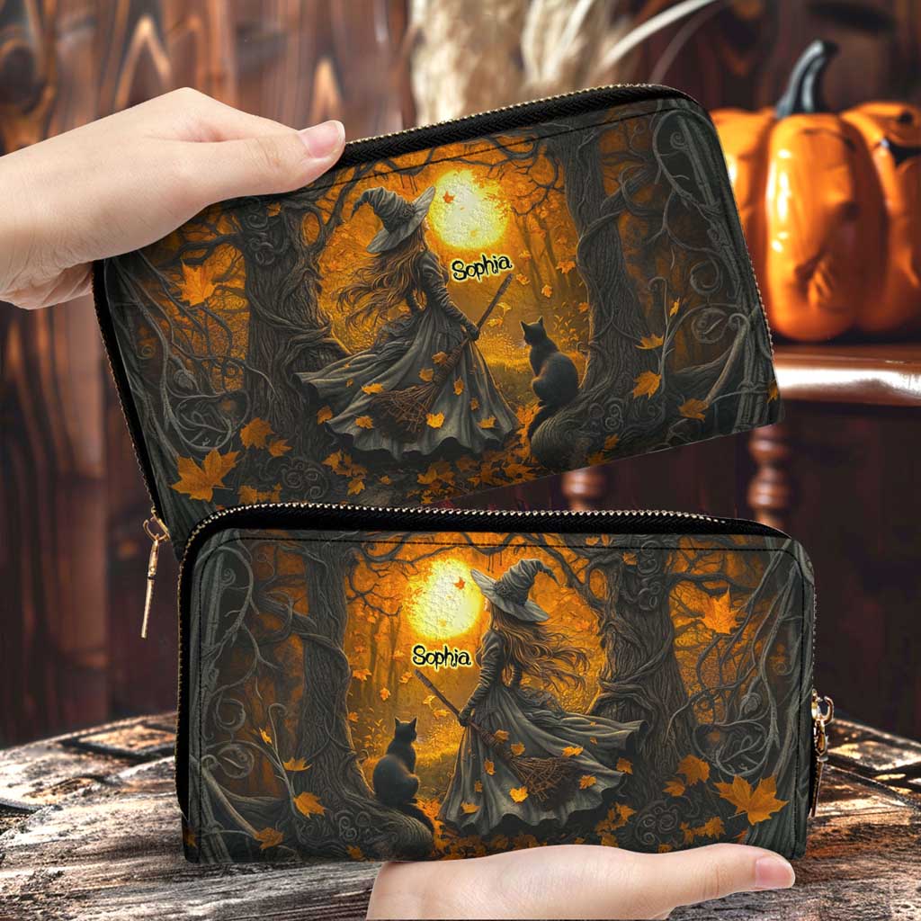 Personalized Halloween Witch And Black Cat Art Print Leather Handbag With Handle QFTD5040704
