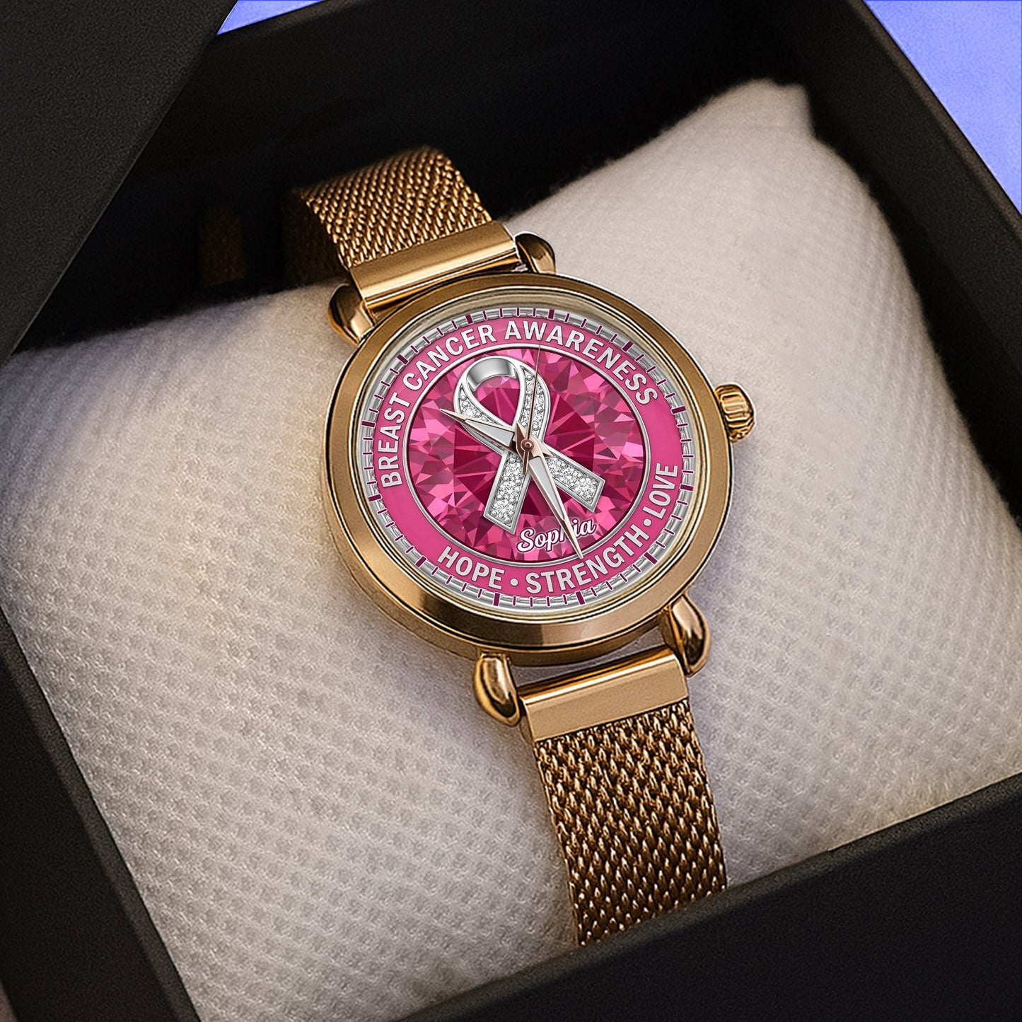 Personalized Breast Cancer Awareness Mesh Strap Quartz Watch UKNT6060401