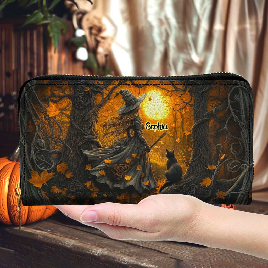 Personalized Halloween Witch And Black Cat Art Print Leather Handbag With Handle QFTD5040704