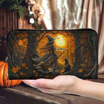 Personalized Halloween Witch And Black Cat Art Print Leather Handbag With Handle QFTD5040704