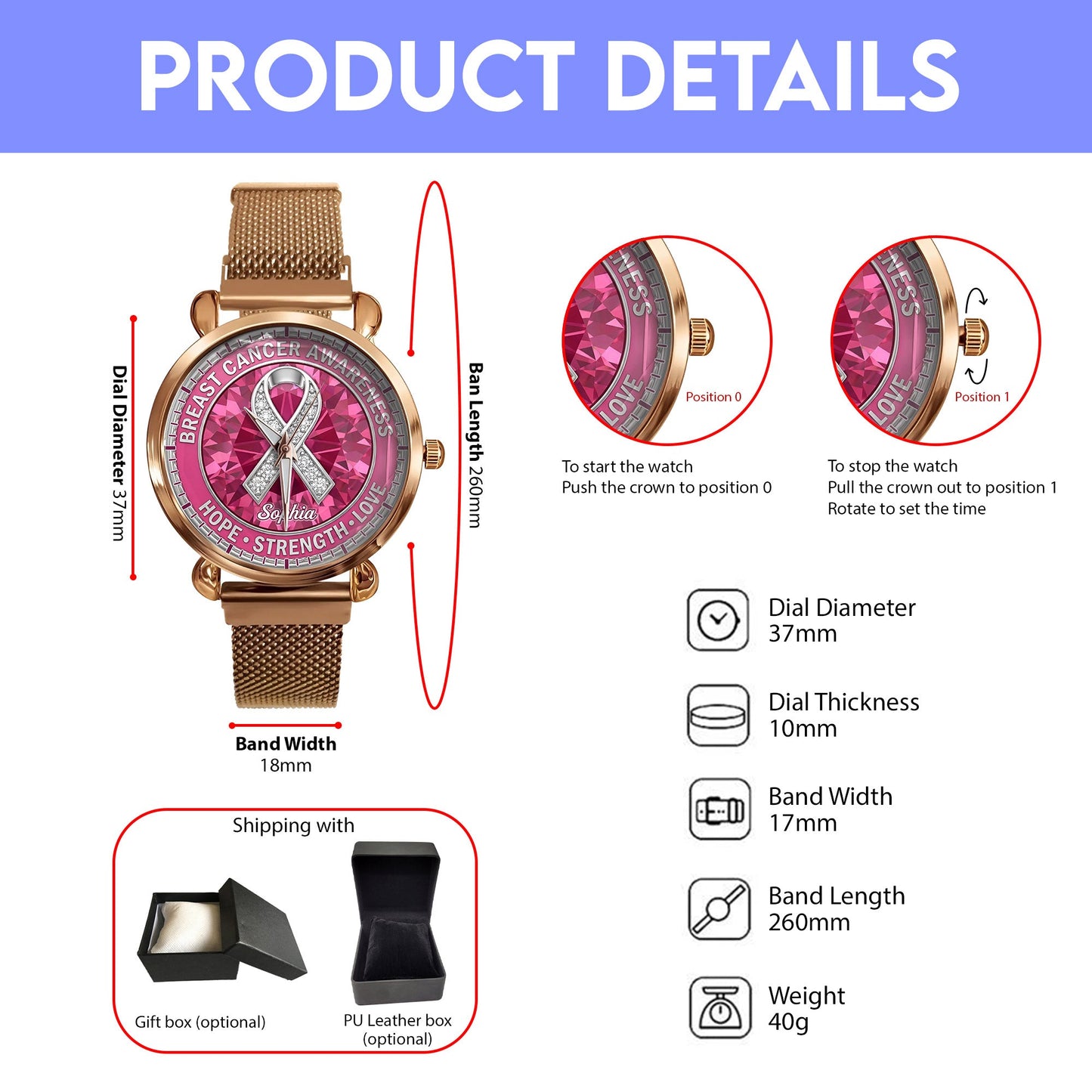 Personalized Breast Cancer Awareness Mesh Strap Quartz Watch UKNT6060401