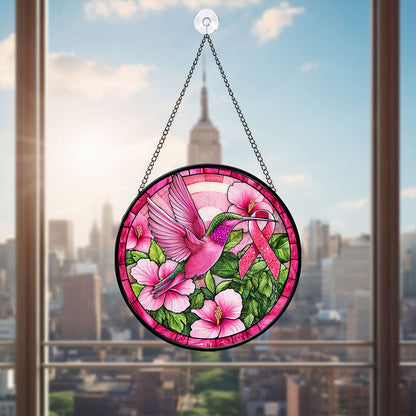 Hummingbird Ribbon Breast Cancer Awareness Faux Stained Glass Suncatcher QFPY4271205