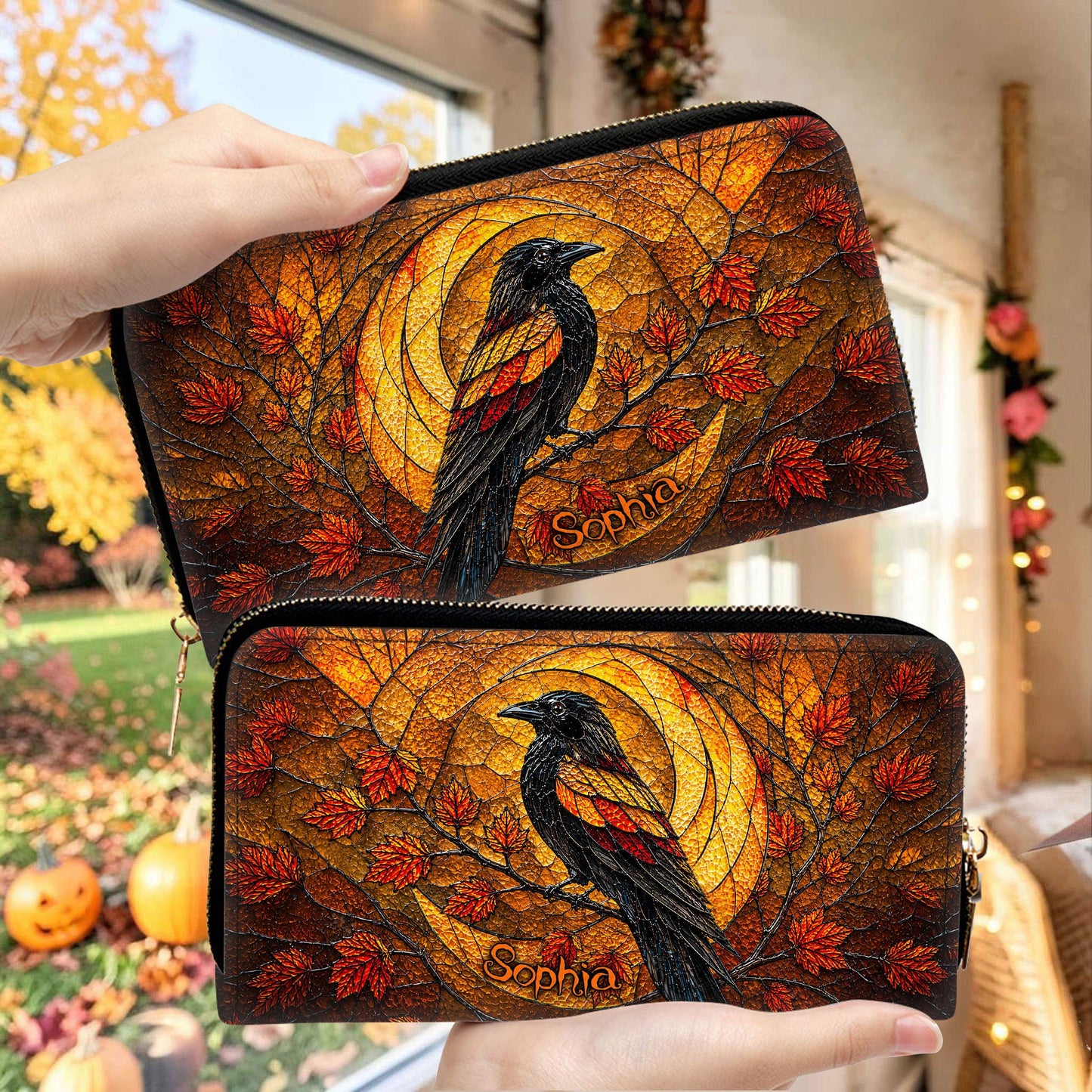 Personalized Raven Halloween 3D Printed  Leather Handbag, Wallet UKND6170702