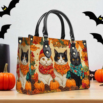 Quilt Fall Cat Leather Handbag Halloween NPND5250802