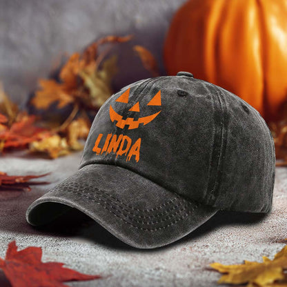 Personalized Jack O Lantern Pumpkin Halloween Distressed Washed Cotton Printed Hat QFTD5020701