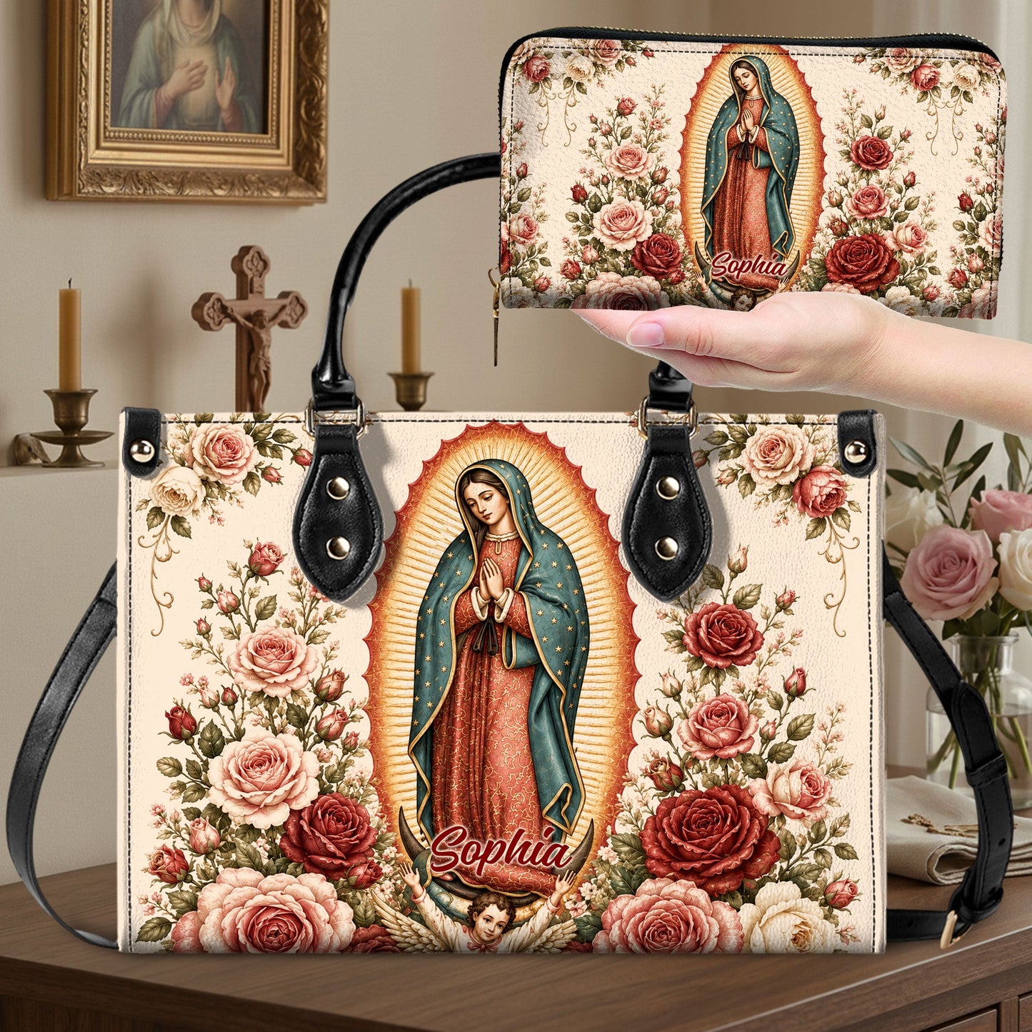 Custom Catholic Virgin Mary And Rose Handbag And Wallet, Our Lady of Guadalupe Gift PMTD6240605