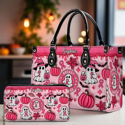 Personalized Spooky Vibe Breast Cancer Print 3D Inflated Leather PU Handbag UKND5270802
