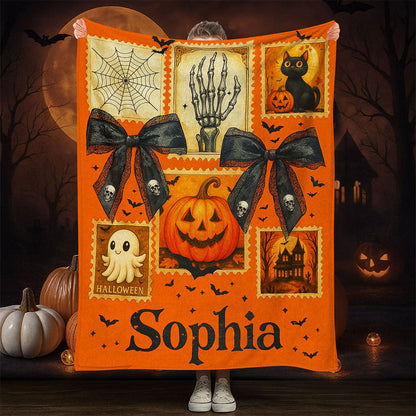 Personalized Spooky Season Blanket, Vintage Halloween Ghost Blanket QFTO5050701