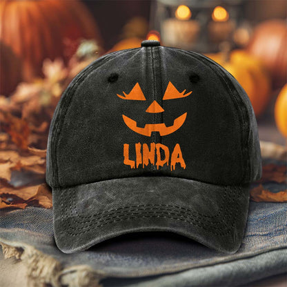 Personalized Jack O Lantern Pumpkin Halloween Distressed Washed Cotton Printed Hat QFTD5020702