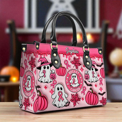 Personalized Spooky Vibe Breast Cancer Print 3D Inflated Leather PU Handbag UKND5270802