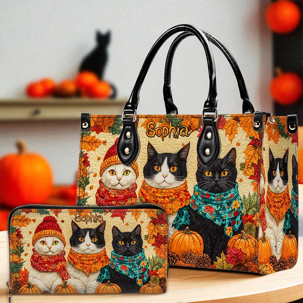 Quilt Fall Cat Leather Handbag Halloween NPND5250802