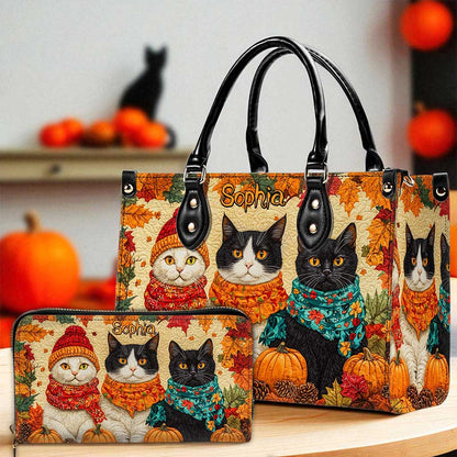 Quilt Fall Cat Leather Handbag Halloween NPND5250802