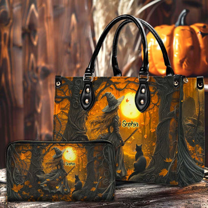 Personalized Halloween Witch And Black Cat Art Print Leather Handbag With Handle QFTD5040704