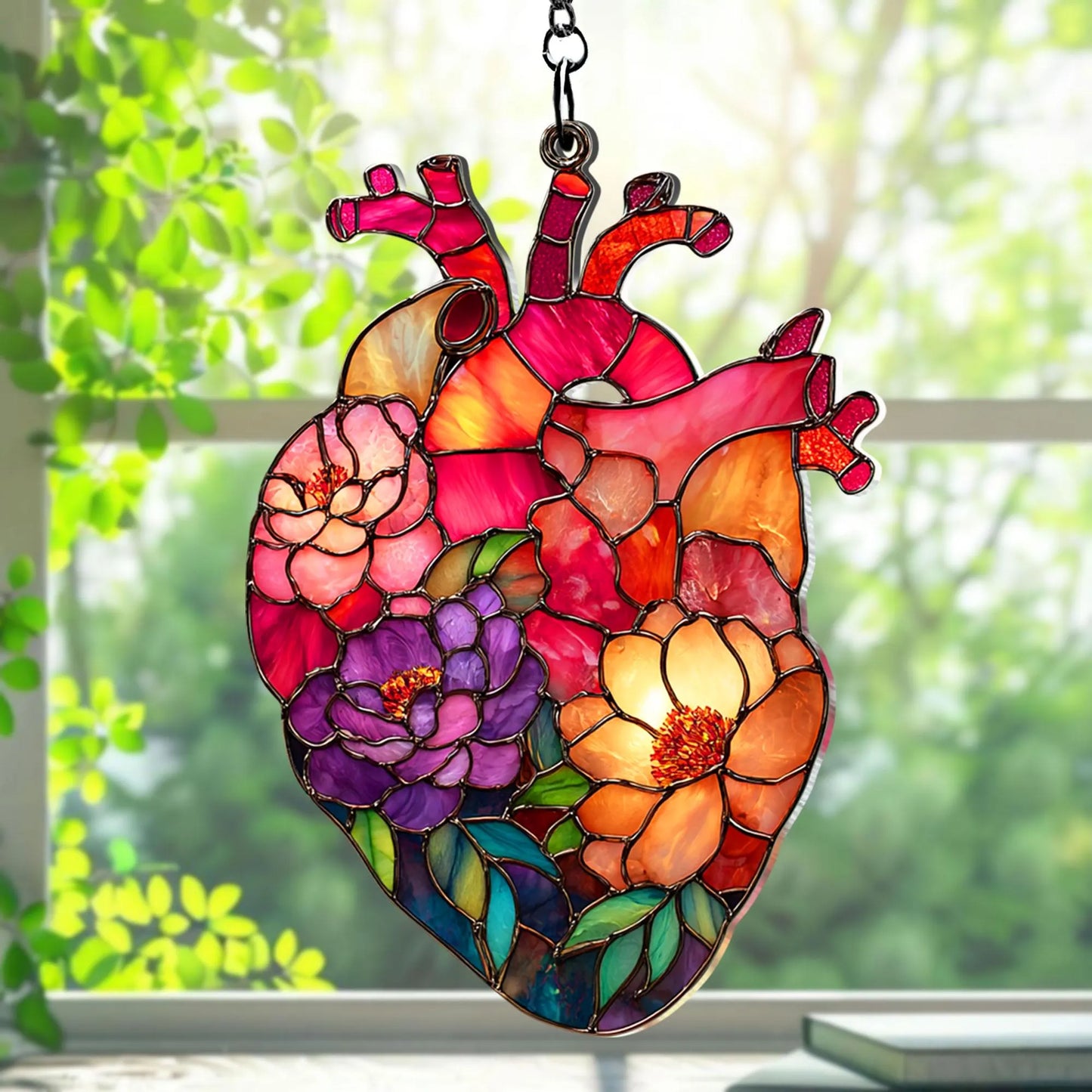 Anatomical Heart Floral Faux Stained Glass Acrylic Suncatcher, Medical Window Hanging Decor