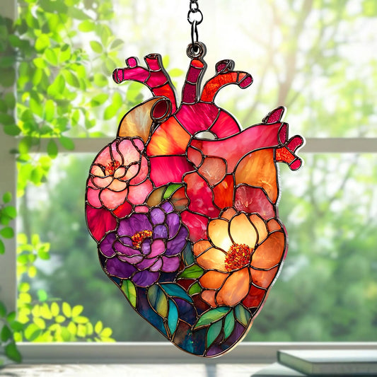 Anatomical Heart Floral Faux Stained Glass Acrylic Suncatcher, Medical Window Hanging Decor