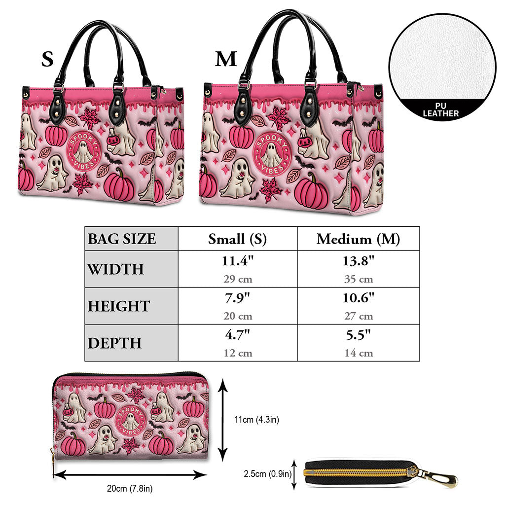 Spooky Vibe Print 3D Inflated Leather Handbag, Leather Wallet QFTO4240704