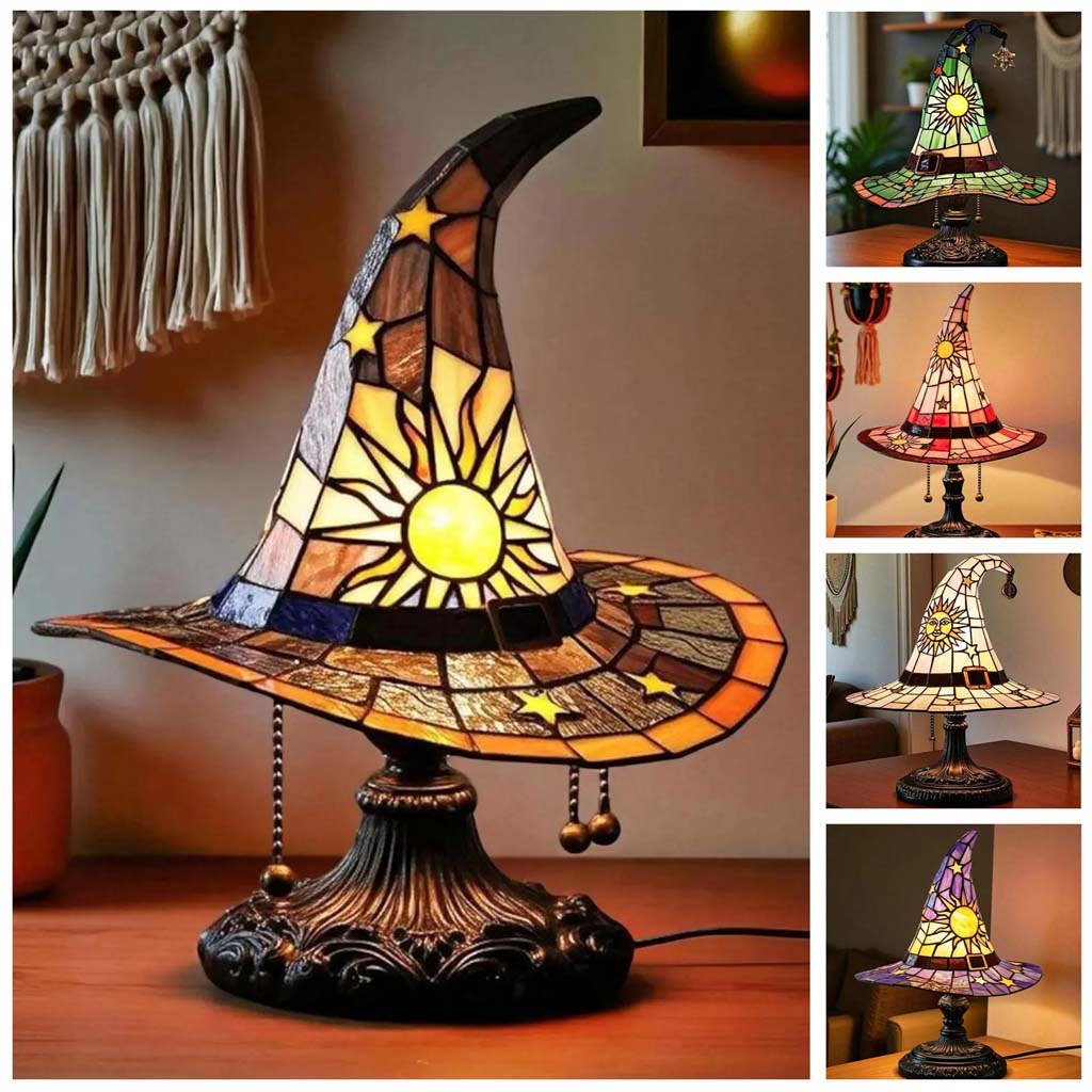 Stained Glass Witch Hat Lamp, Halloween LED Desk Light for Home Bar Cafe Decor QFTD5150805